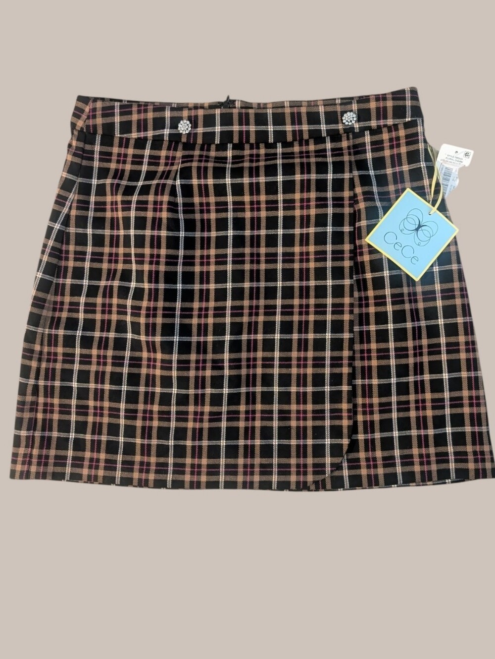 NWT CeCe Black Plaid Mini Skirt with Pink and Tan Stripes A Line Wrap Size 8